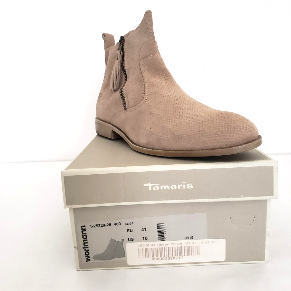 Tamaris Beige SIZE 10 Ankle Booties Boots Suede Leather Zip Up Womens Wortmann